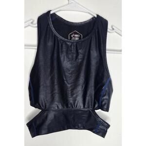 ASICS D1 Womens Crop Top XS Black Blue Athletic Shirt Running Gym Racerback Tee